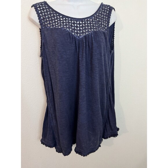 STYLE & CO. Tank Top Blue Sleeveless  Eyelet Insert Fringe Trim Boho M Tunic - Picture 1 of 4
